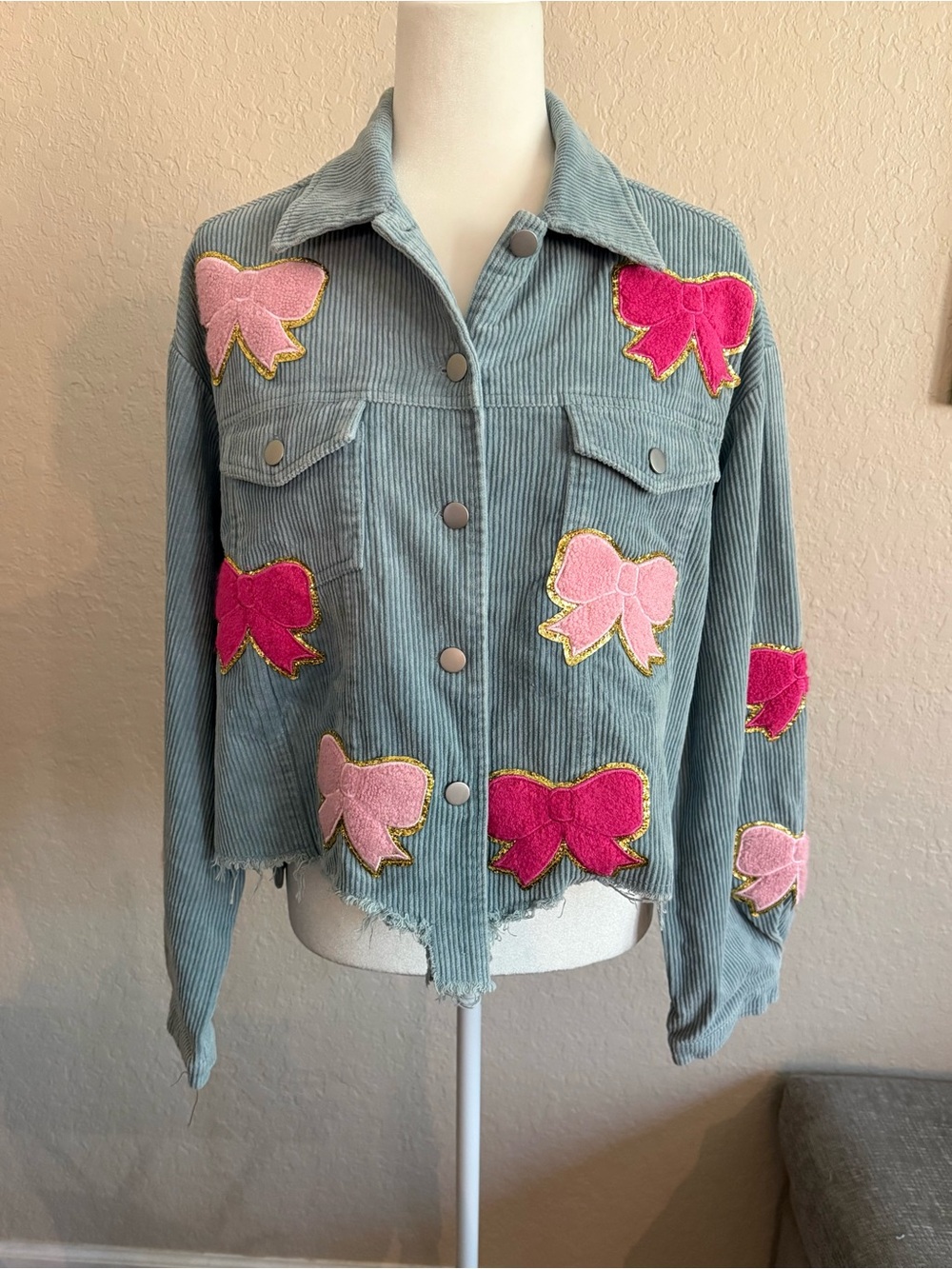 BiBi Blue Corduroy Pink Bow Patch Cropped Jacket Size Small Coquette